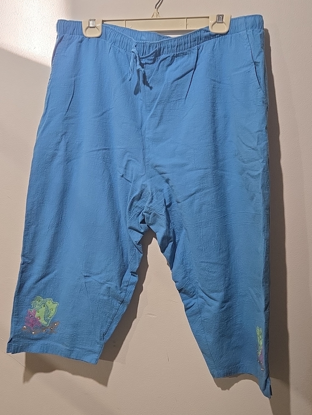 Jane Ashley Blue Capri Pants with Sea Coral Embroidered Accents